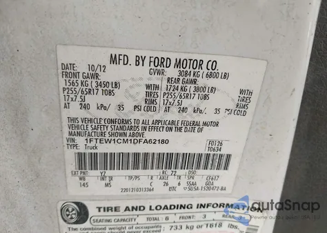 2013 Ford F-150 Xlt из США, поврежденный, VIN 1FTEW1CM1DFA62180